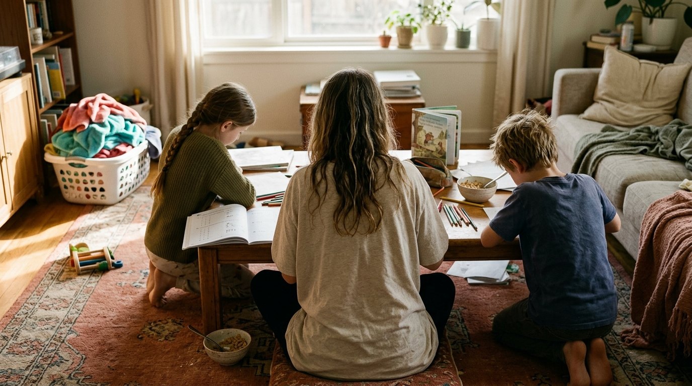 A mother and two children, seen from behind, doing schoolwork at a low table on the living room floor, laundry basket and cereal bowl nearby